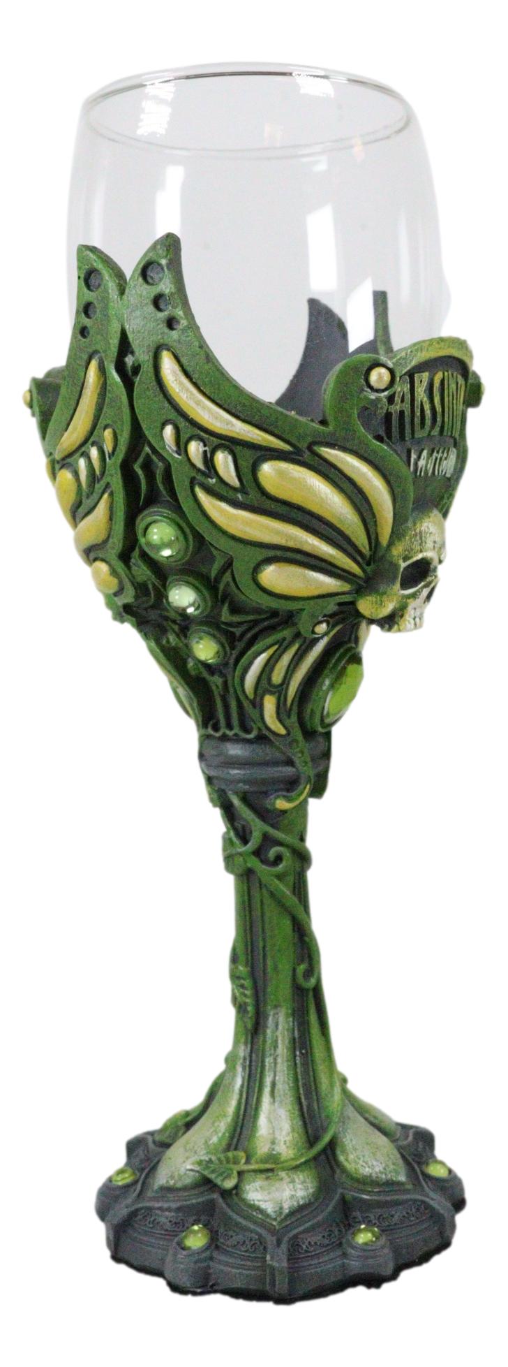 Bohemian Absinthe La Fee Verte Skull With Green Gem And Vine Stem Wine Goblet
