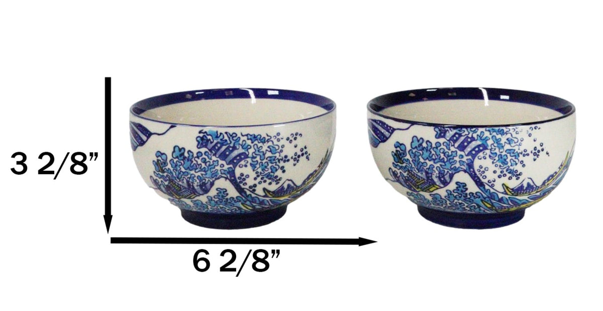 Pack Of 4 Blue Japanese Hokusai Great Wave Ceramic Soup Rice Salad Bowls 22oz
