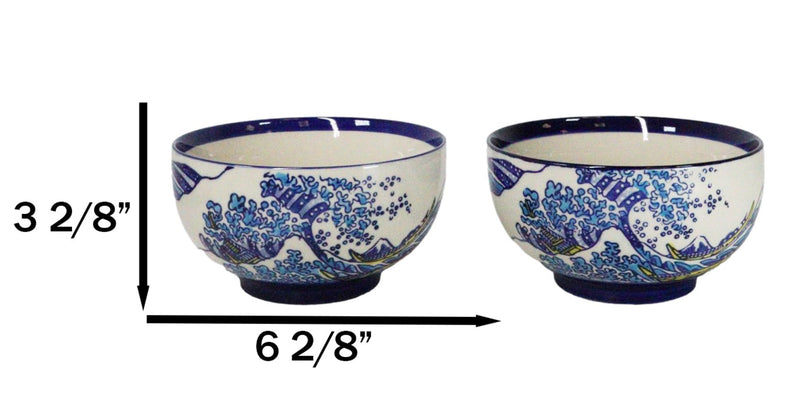 Pack Of 4 Blue Japanese Hokusai Great Wave Ceramic Soup Rice Salad Bowls 22oz