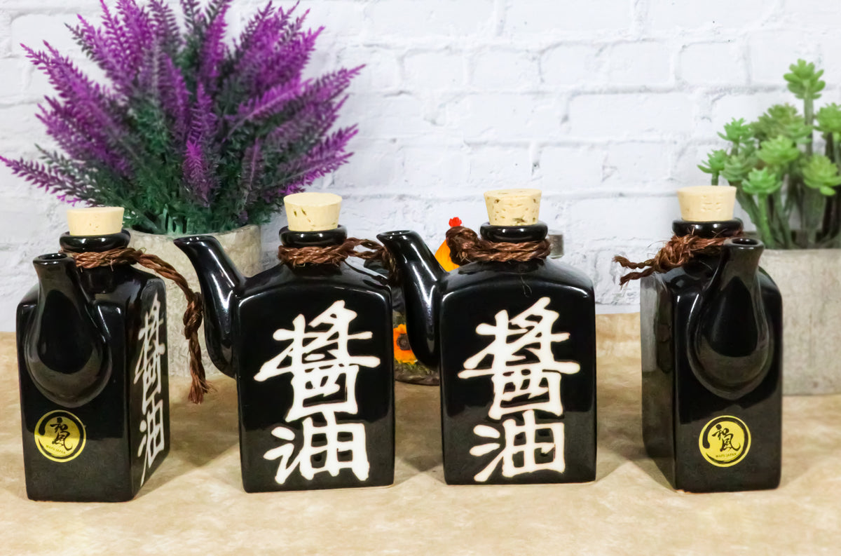 Set Of 4 Black Traditional Japan Soy Sauce Dispenser Flask 9oz Calligraphy - Ebros Gift