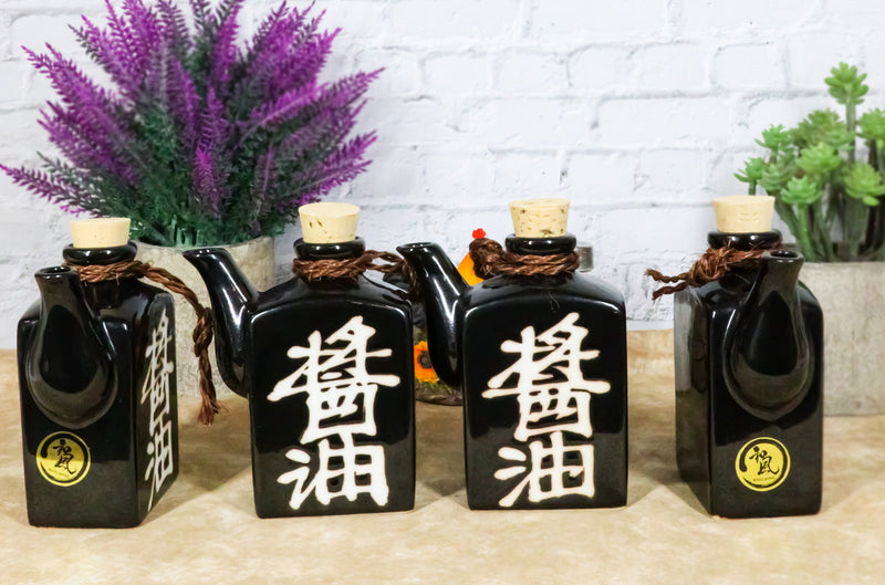 Set Of 4 Black Traditional Japan Soy Sauce Dispenser Flask 9oz Calligraphy