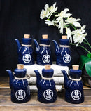 Set Of 6 Blue Japanese Calligraphy Shoyu Tenmoku Porcelain Soy Sauce Flask 7oz