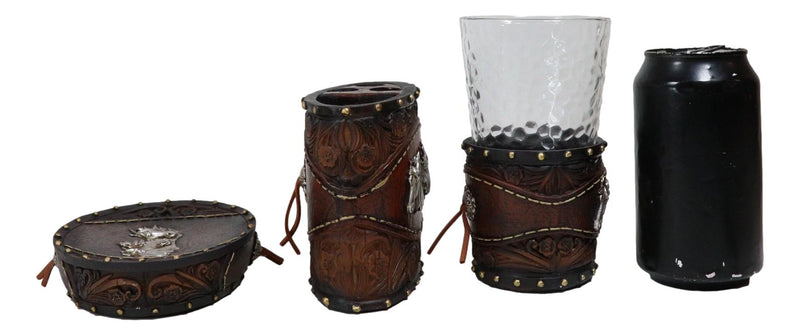 Rustic Western Horses with Faux Floral Tooled Leather 3 Pc Bathroom Vanity Set
