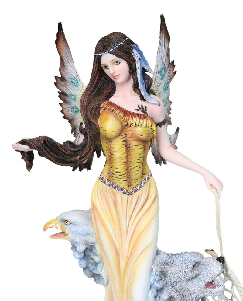 Large Tribal Native Indian Fairy Dreamcatcher with Eagle and Wolf Figurine 18"H