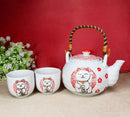 White Red Maneki Neko Lucky Cat Ceramic Tea Pot And 2 Cups Set Bamboo Handle