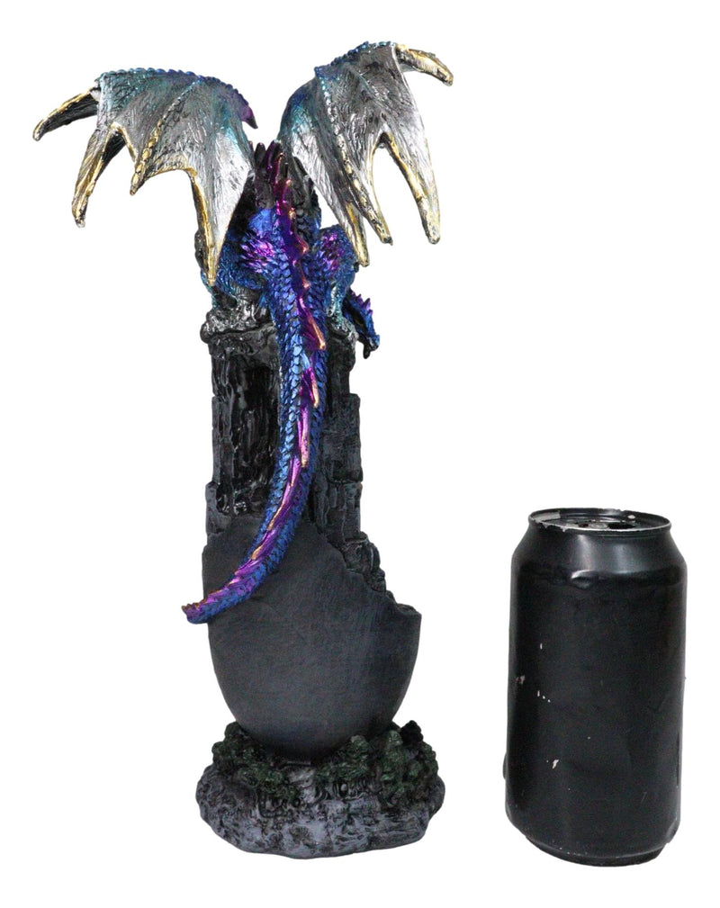 Medieval Blue Dragon Perching On Abandoned Castle Tower Ruins Figurine 12"H