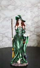 Wicca Magic Green Witch Figurine with Broomstick, Spell Book & Black Cat, 10"H