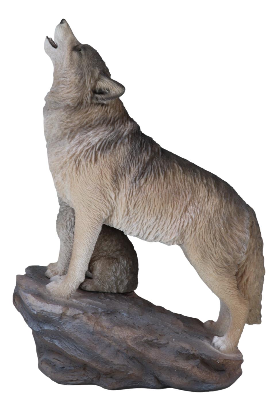 Large Full Moon Howling Spirit Wolf Alpha With Puppy On Rock Ledge Statue 15.5"H