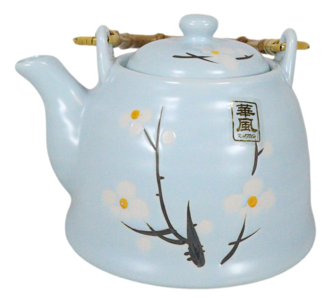 Japanese Sakura Cherry Blossom Branches Pastel Blue Ceramic Tea Pot Teapot 36oz - Ebros Gift
