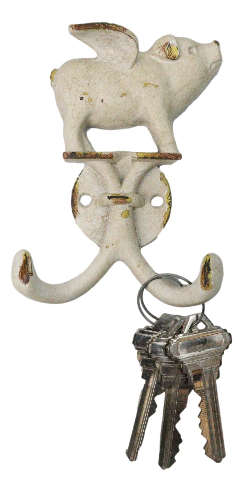 Pack Of 2 Rustic Cast Iron Antiqued White Flying Angel Pig 2-Pegs Wall Hooks