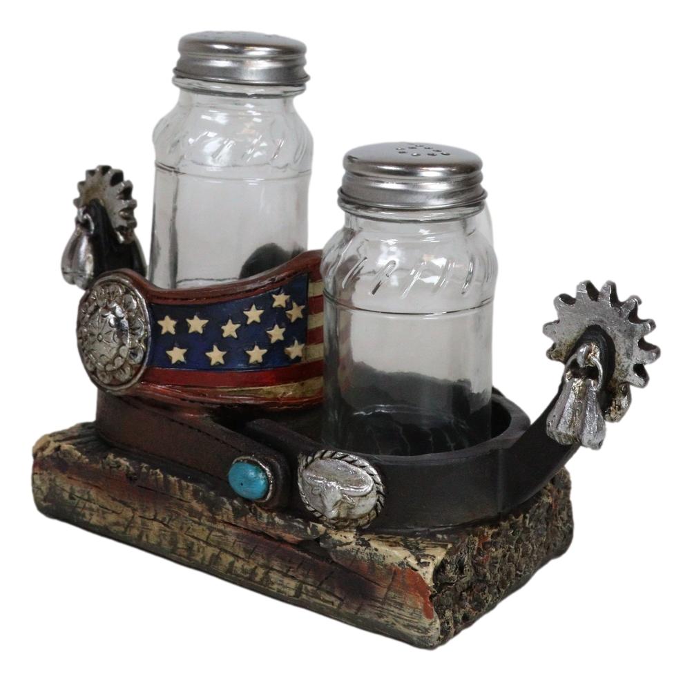 Western Cowboy Boot Spurs USA Flag Conchos Faux Leather Salt Pepper Shakers Set - Ebros Gift