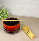 Red Brown Fire Volcano Ceramic Japanese Matcha Green Tea Bowl Whisk & Scoop Set