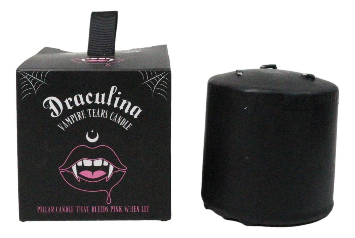 Set Of 2 Gothic Draculina Pink Vampire Tears Black Unscented Pillar Candles
