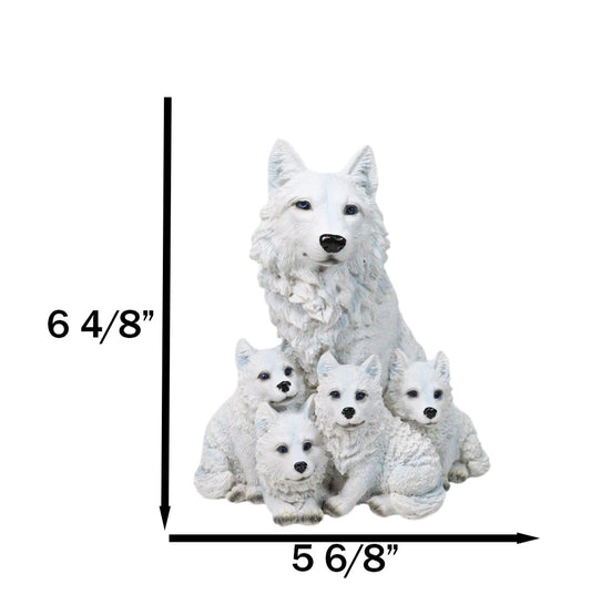Winter Snow White Alpha Wolf Father With 4 Adorable Pup Cubs Figurine