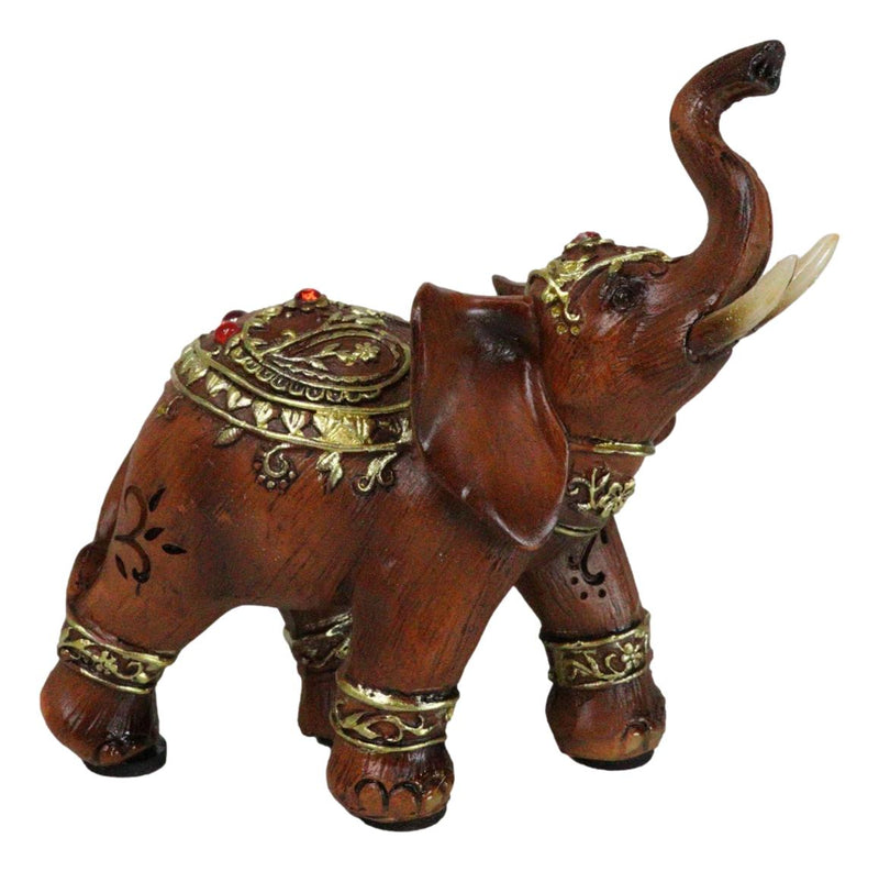 Feng Shui Faux Wood Right Facing Trunk Up Elephant With Golden Tapestry Figurine