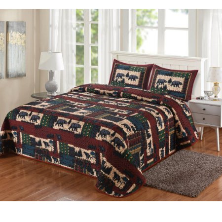 Black Bears Pine Trees Forest Quilted Throw Blanket And 2 Pillow Shams Queen Set