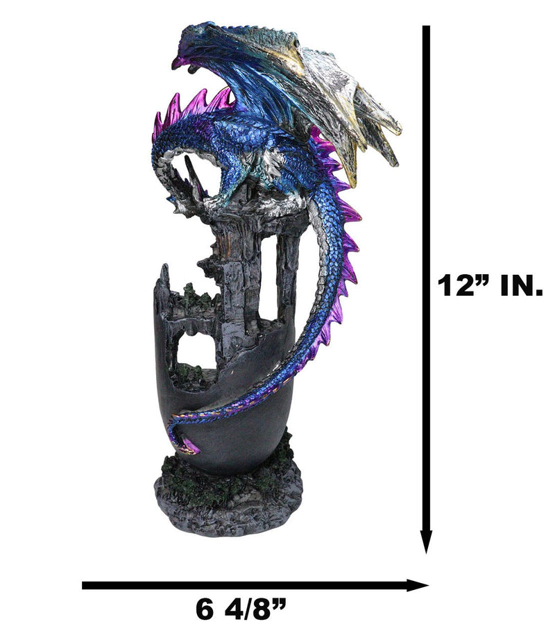Medieval Blue Dragon Perching On Abandoned Castle Tower Ruins Figurine 12"H