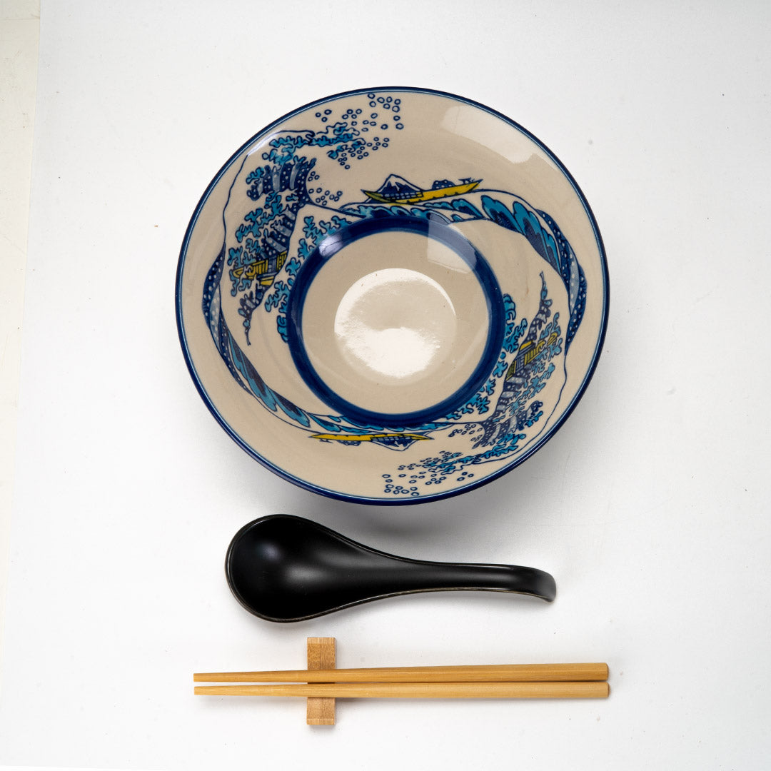 Great Wave Of Kanagawa Ceramic Ramen Bowl Soup Spoon Chopsticks And Rest Set