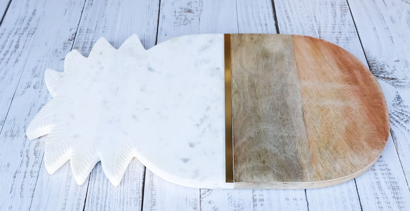 White Marble And Mango Wood Pineapple Cheese Board Cutting Tray With Gold Inlay