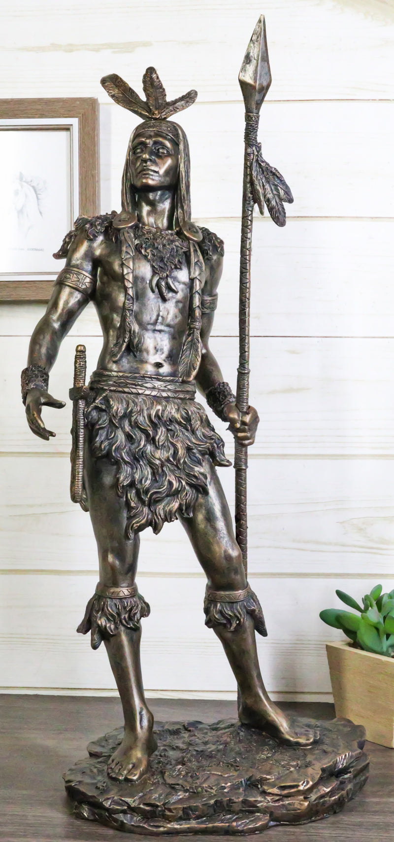 19" H Native American Indian Tribal Warrior Hunter Chief Holding Spear Figurine