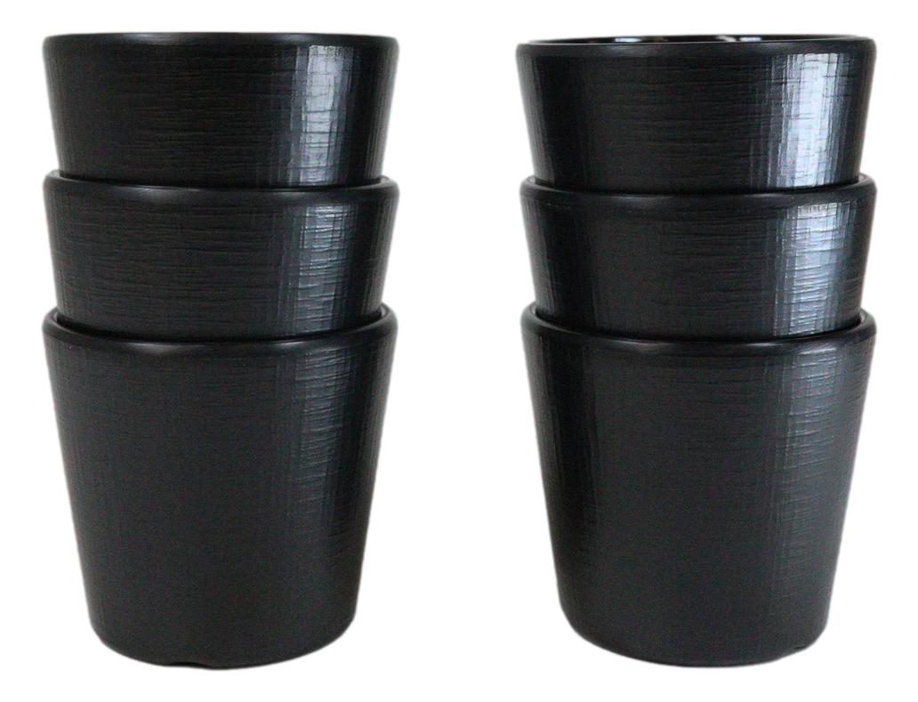 Pack Of 6 Black Silk Melamine Contemporary Ridged Yunomi Tea Cups 8oz