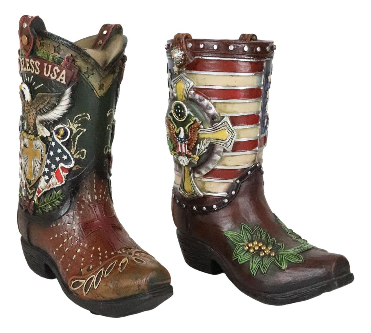 Set Of 2 Rustic Western Patriotic USA Flag Military Cowboy Boot Money Banks