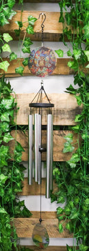 Mystical Great Horned Owl Colorful Art Glass Hanging Wind Chime With Metal Rods