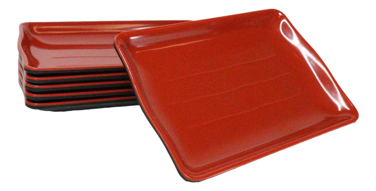 Set Of 6 Traditional Red And Black Melamine Rectangular Wavy Sushi Plates 8"L
