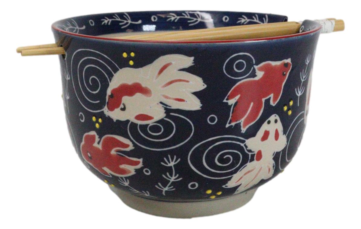 Red White Japanese Goldfishes Large 24Oz Donburi Ramen Bowl With Chopsticks Set