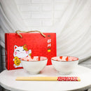 Set of 2 Lucky Cat Maneki Neko Red Ceramic 12oz Bowls With Bamboo Chopsticks