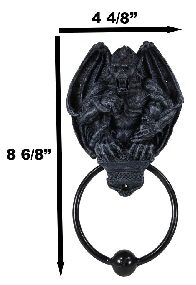 Gothic Guardian Winged Gargoyle Perching On Roof Pediment Door Knocker Figurine