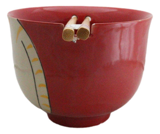 Red Cute Chubby Kitty Cat Ceramic Donburi Ramen Bowl With Chopsticks Set - Ebros Gift