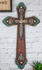 Rustic Western Cowboy Diamond Teardrop Crystals Tooled Leather Wall Cross Plaque