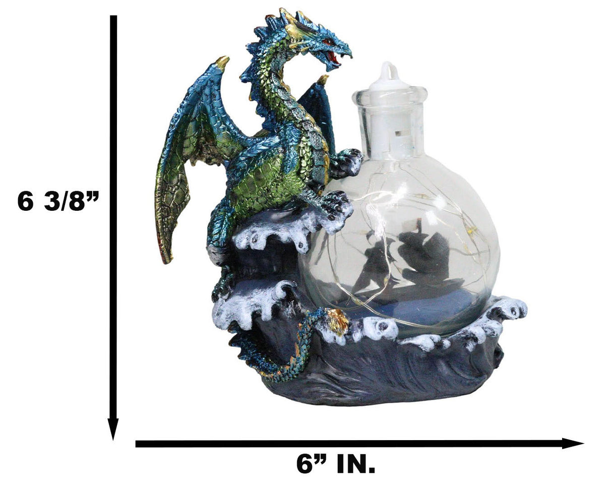 Metallic Frozen Sea Dragon Rising Above Waves by Glass Bottle With Ship Figurine