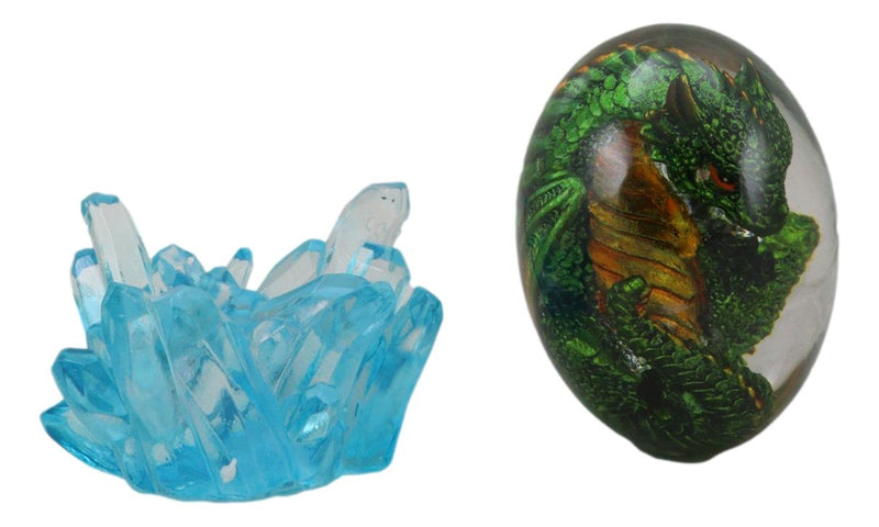 Green Dragon In Acrylic Glass Egg With Aqua Crystals And LED Lava Rock Bases