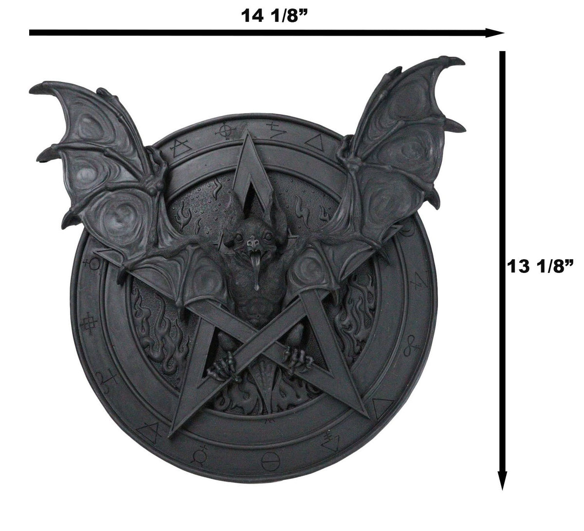 Gothic Nosferatu Black Bat Pentagram With Hell Fire Alchemy Symbols Wall Plaque