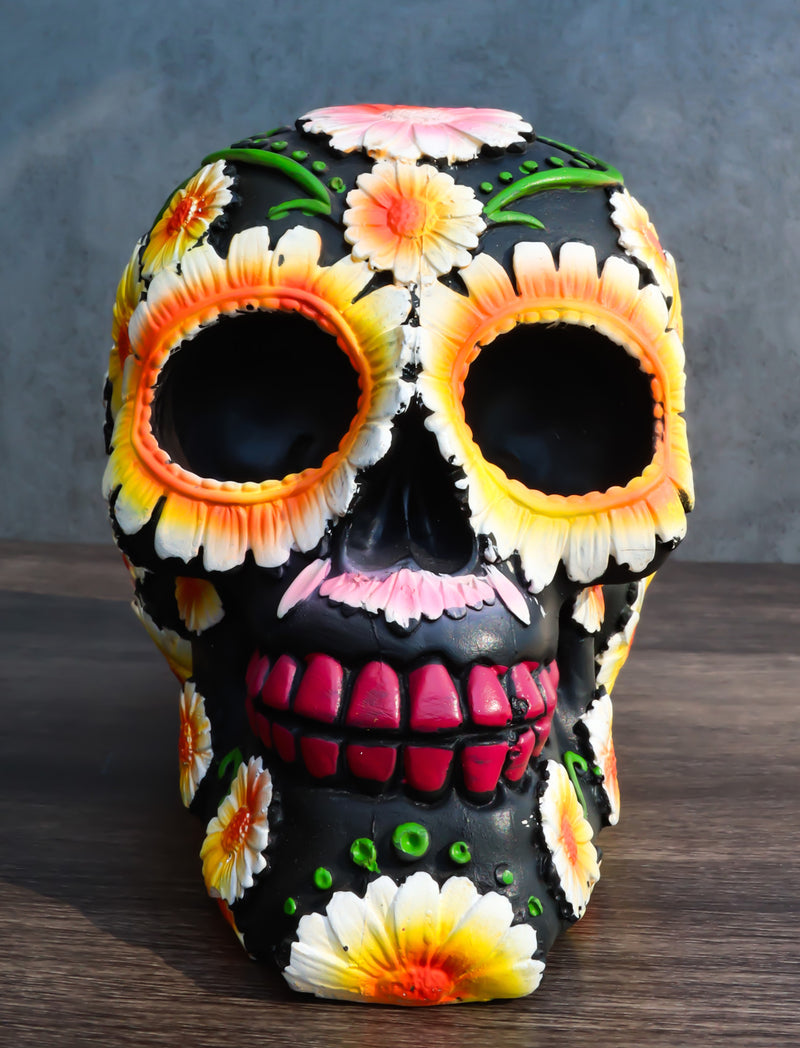 Day of The Dead Metallic Bright Sunflowers Floral Blooms Sugar Skull Figurine