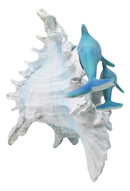 Nautical Marine Sea Blue Dolphins Swimming By Ocean Seashell Conch Figurine