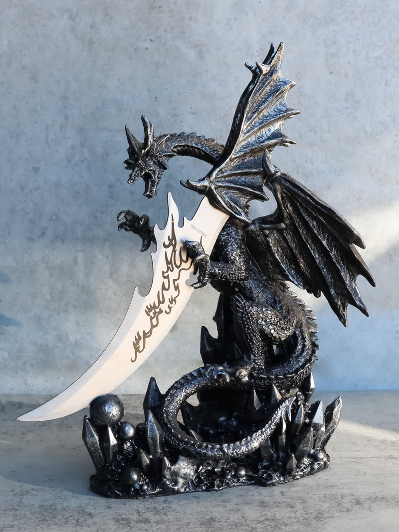 Large Dreamwork Fantasy Obsidian Dragon Statue With Fire Dagger Letter Opener