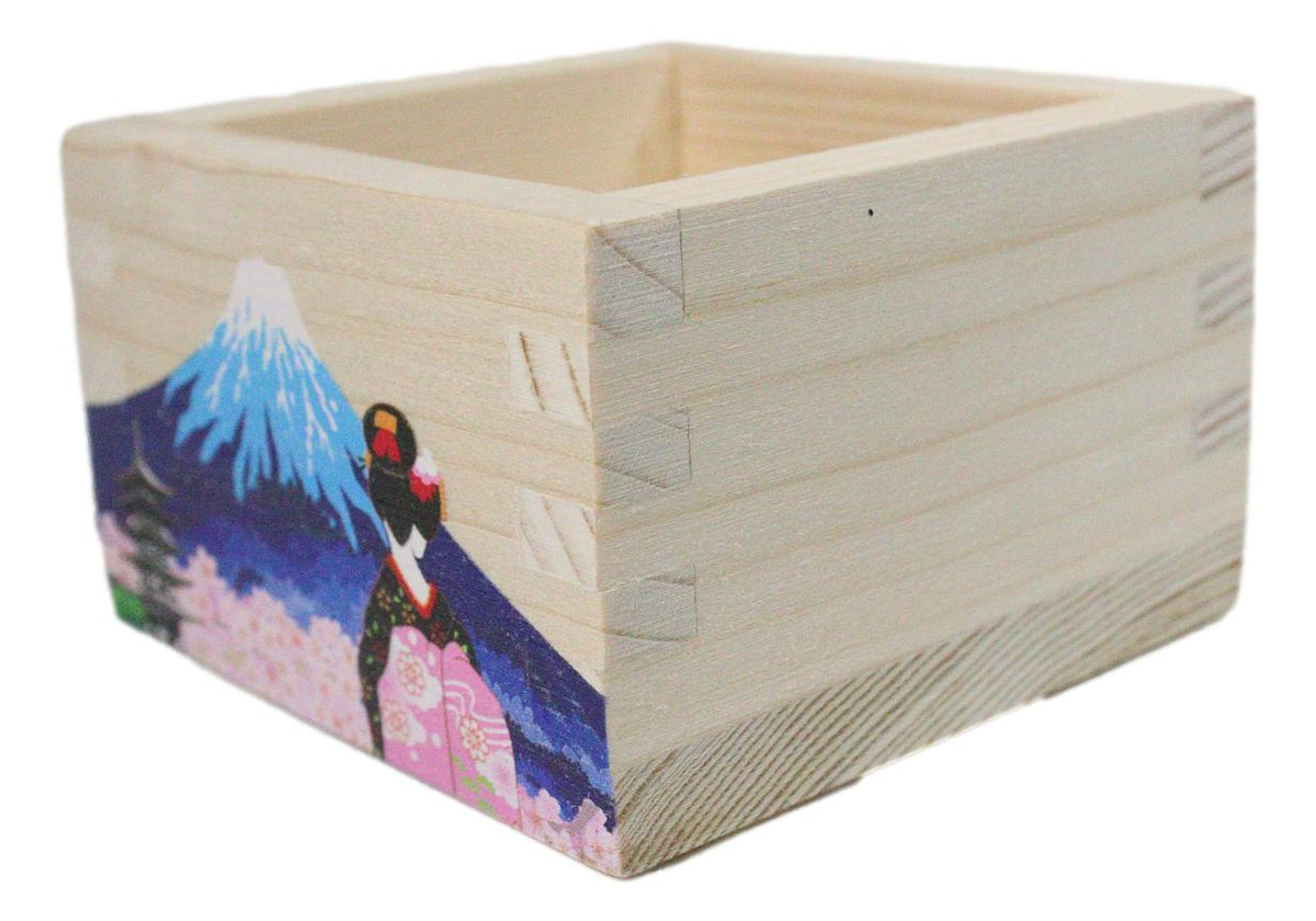 Set Of 3 Pink Sakura Mount Fuji Fujiyama Traditional Masu Square Box Sake Cups