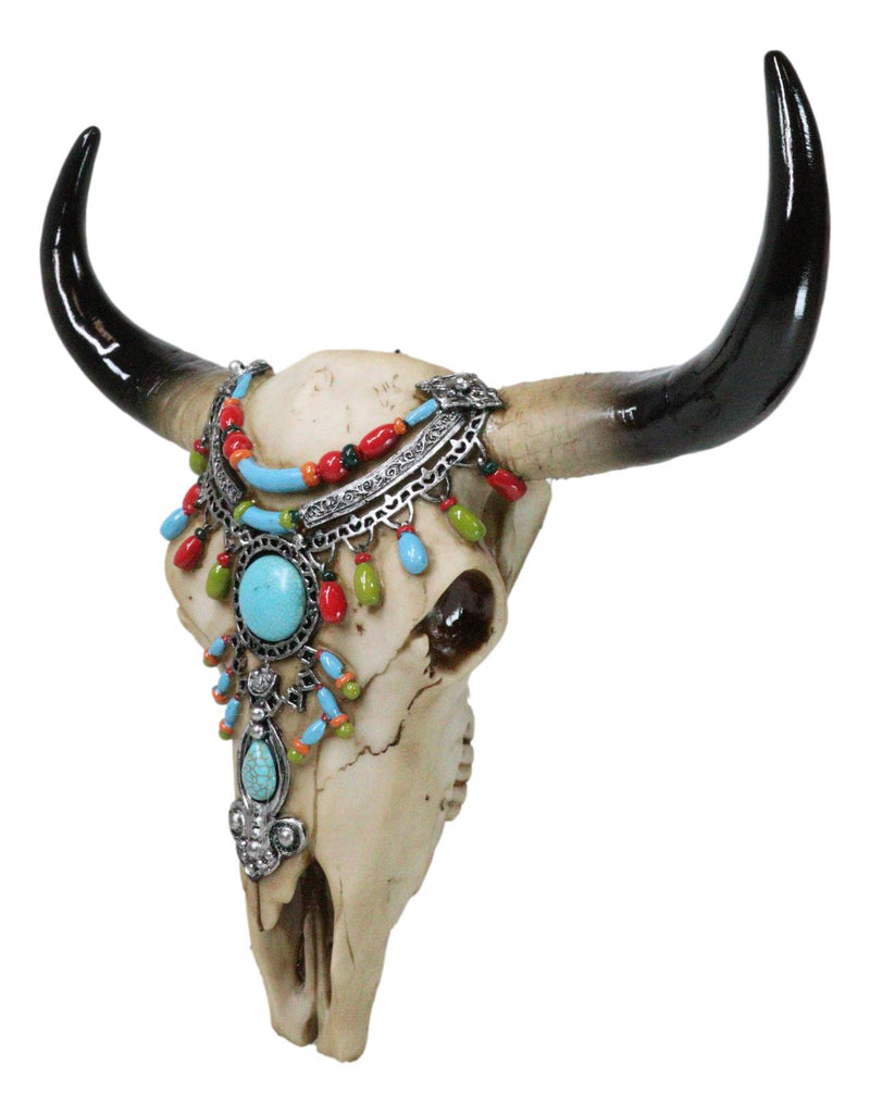 Southwestern Buffalo Cow Skull With Turquoise Silver Face Jewelry Wall Decor