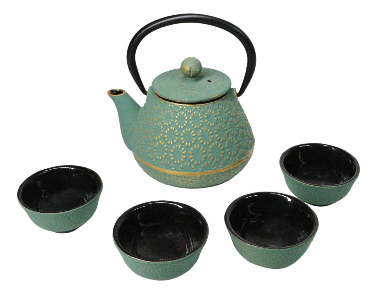 Chrysanthemum Green Gold Petite Cast Iron Teapot 10oz With 4 Mini Tea Cups Set