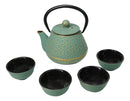 Chrysanthemum Green Gold Petite Cast Iron Teapot 10oz With 4 Mini Tea Cups Set