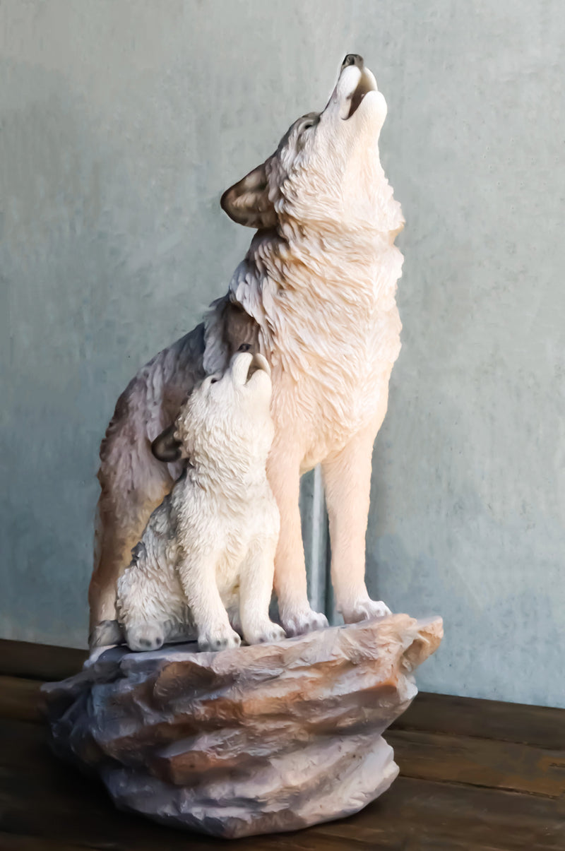 Large Full Moon Howling Spirit Wolf Alpha With Puppy On Rock Ledge Statue 15.5"H