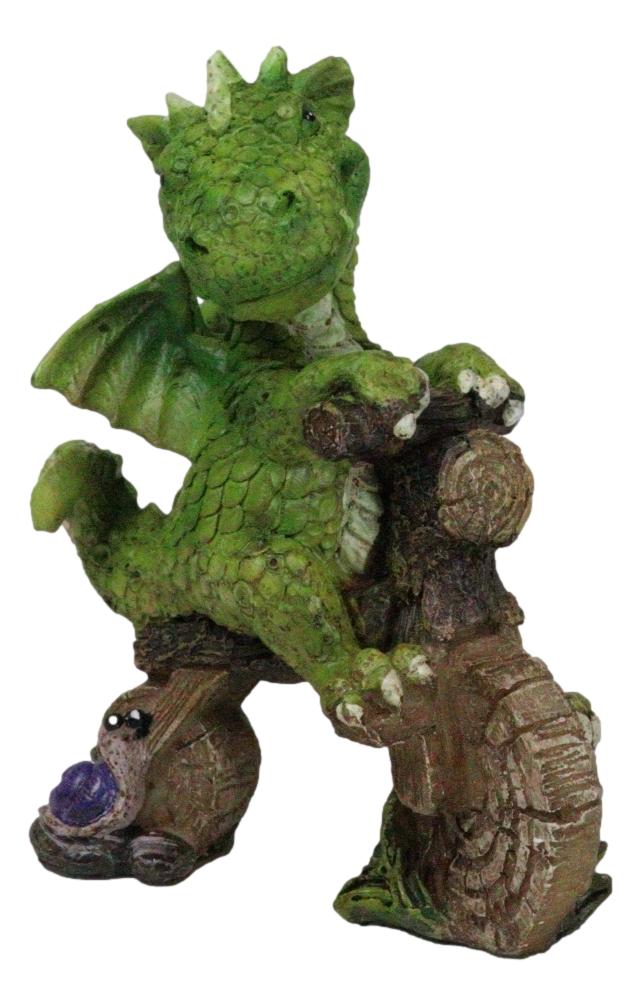 Fantasy Green Wyrmling Baby Dragon Riding A Wooden Log Cavebike Bicycle Figurine
