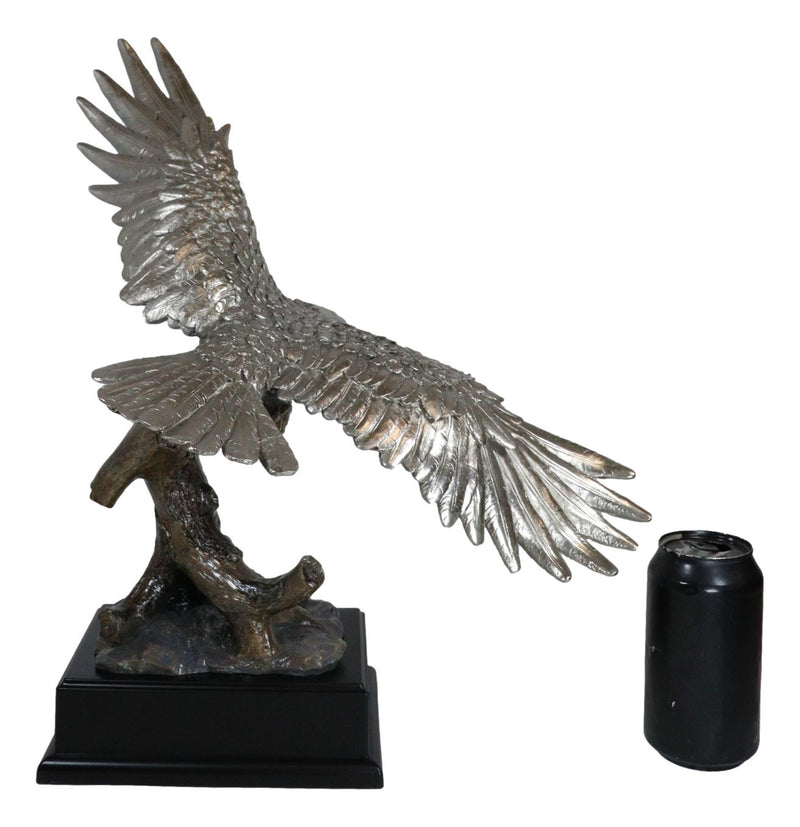 Electroplated Pewter Silver Bald Eagle With Open Wings Soaring Over Tree Statue