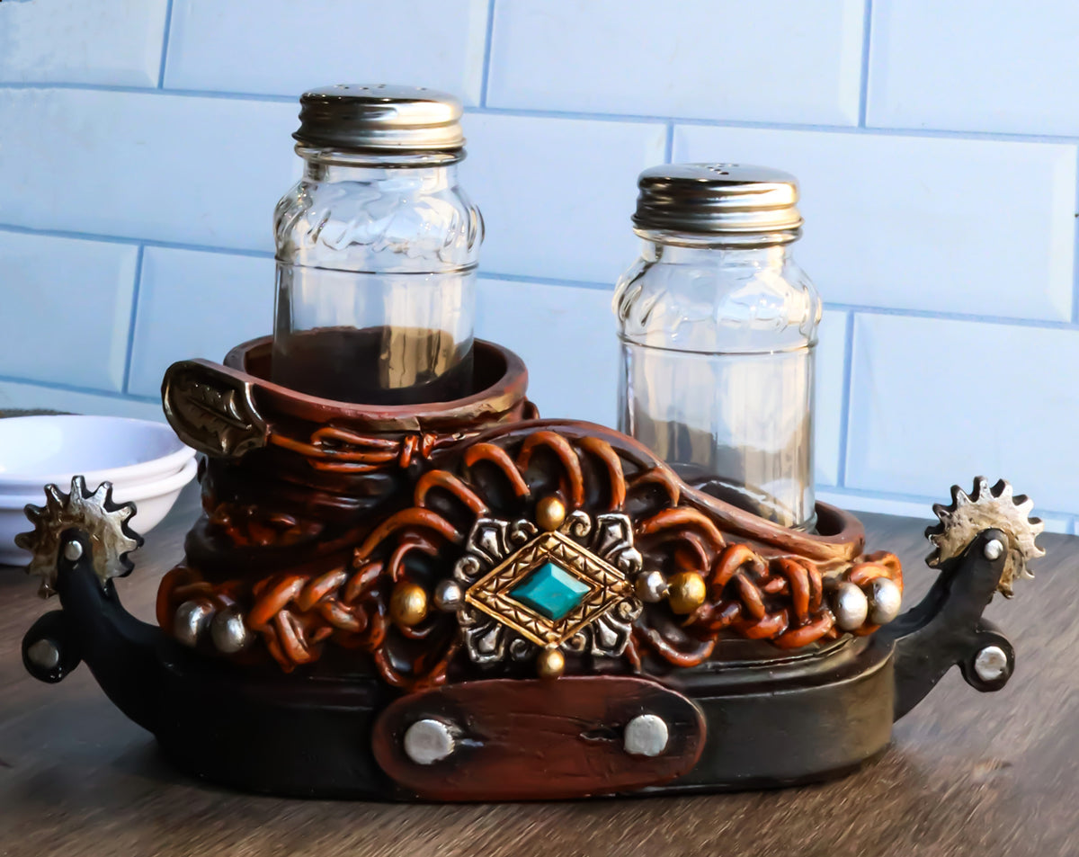 Western Cowboy Double Boot Spurs And Concho Faux Leather Salt Pepper Shakers Set - Ebros Gift