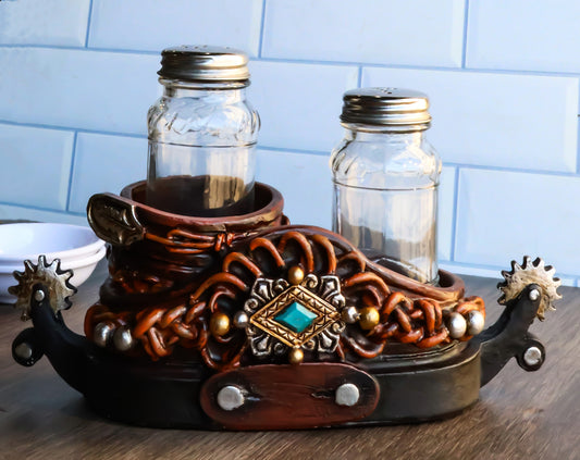 Western Cowboy Double Boot Spurs And Concho Faux Leather Salt Pepper Shakers Set - Ebros Gift