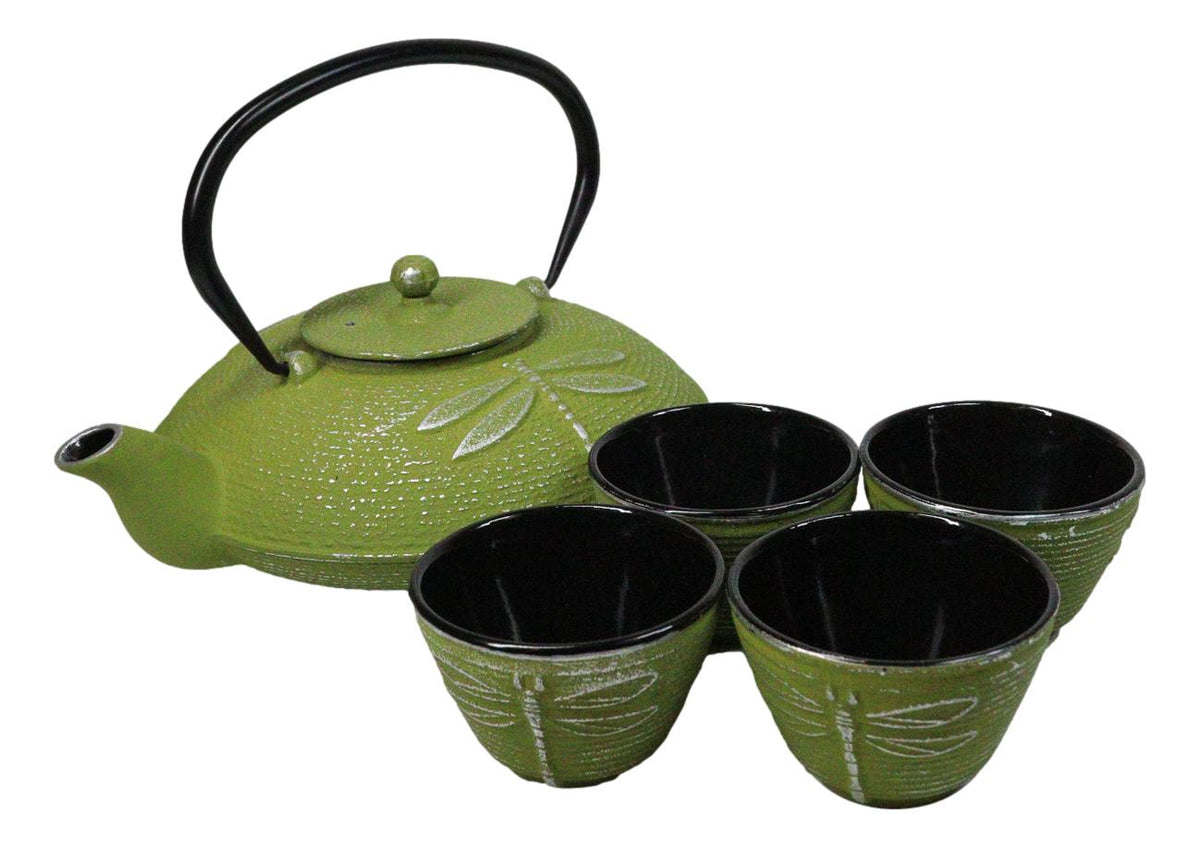 Green Dragonfly Traditional Tetsubin Cast Iron Tea Pot With 4 Cups Set 37oz