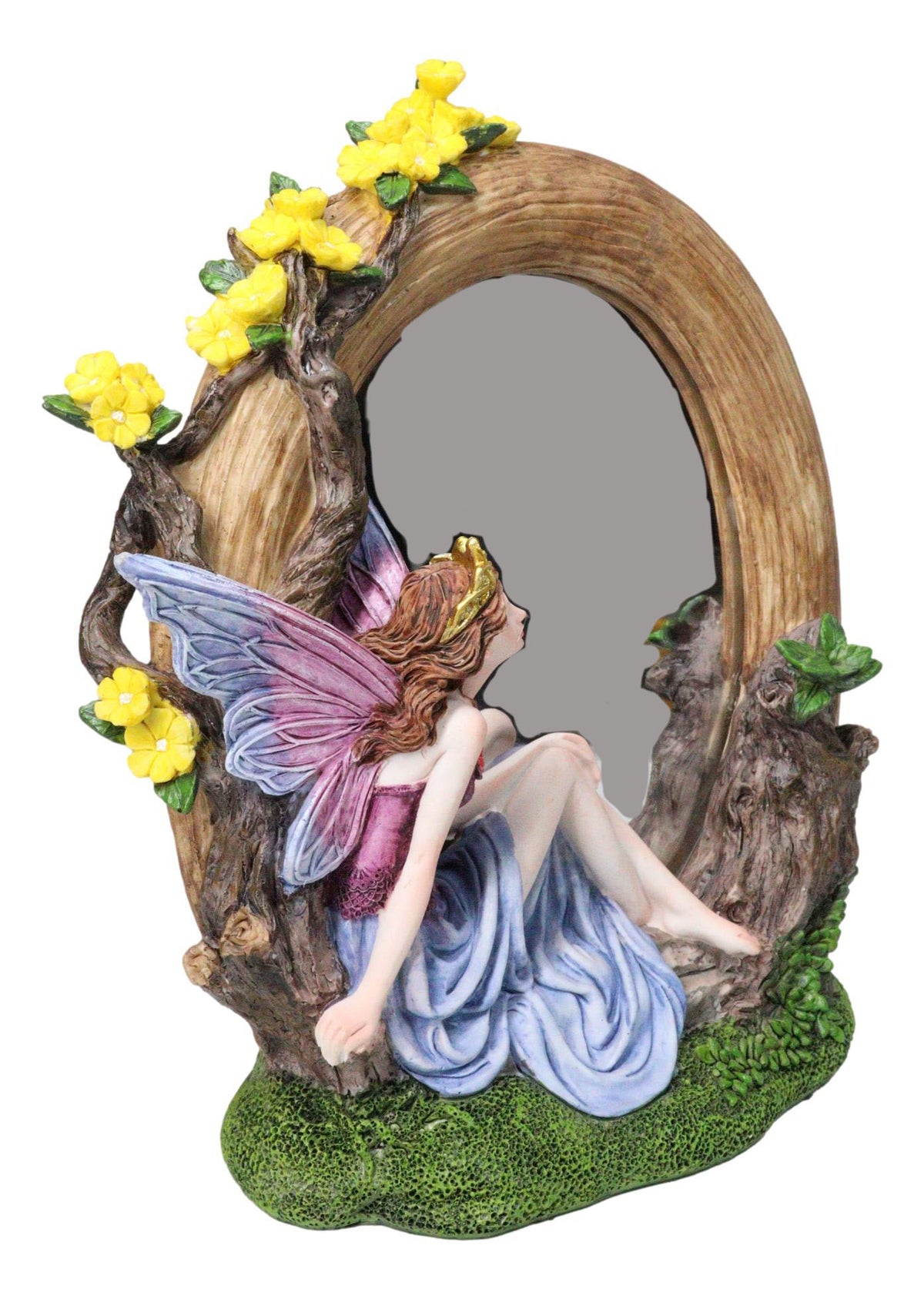 Beautiful Crowned Fairy Daydreaming in The Forest Table Desktop Mirror Figurine